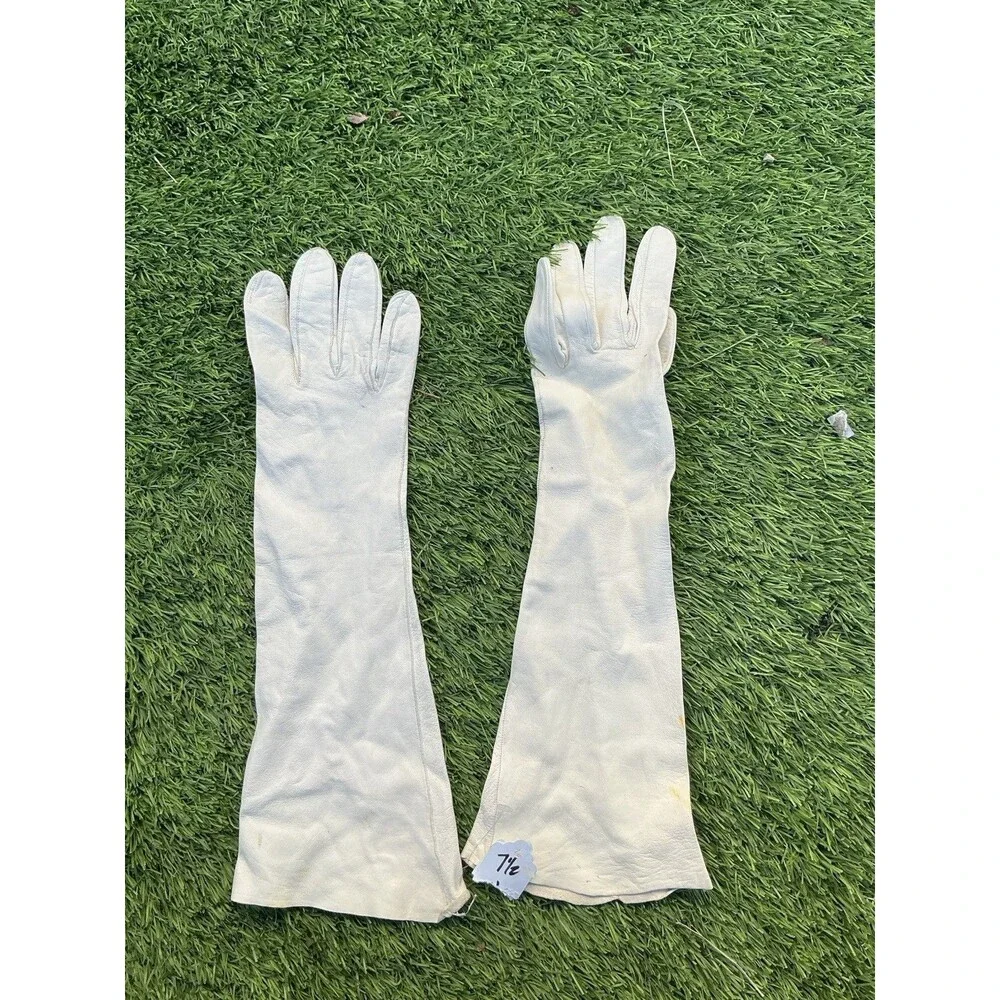 Vintage White Leather Opera Gloves Size 7.5 Long Formal Evening Bridal Pair